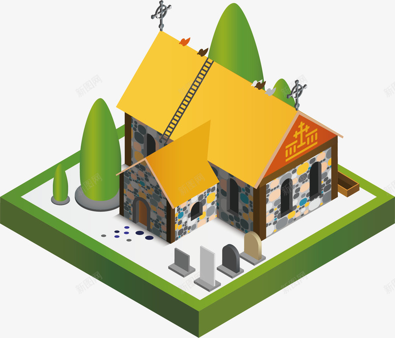 建筑屋子png免抠素材_新图网 https://ixintu.com 建筑 彩色 房屋 手绘 树木 砖头 黄色屋顶