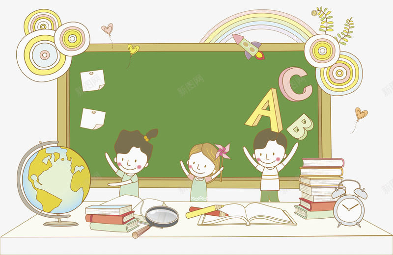开学的孩子png免抠素材_新图网 https://ixintu.com 卡通 学习 孩子 彩虹 手绘 绿色黑板 英文字母