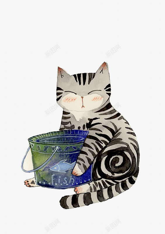手绘抱着水桶的小猫png免抠素材_新图网 https://ixintu.com 动物 水桶 猫咪 背景装饰