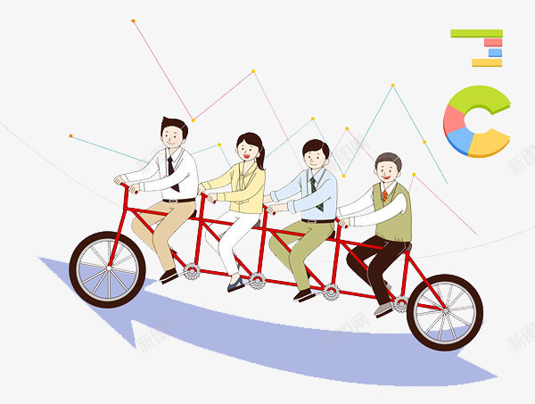 卡通骑车的人图png免抠素材_新图网 https://ixintu.com 创意的 卡通 合作的 商务 团结的 箭头 自行车