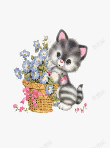 花朵旁边的可爱小猫png免抠素材_新图网 https://ixintu.com 卡通手绘 猫咪 花朵