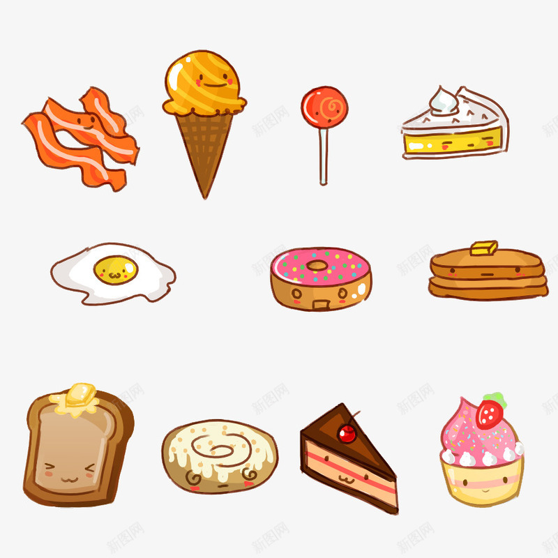 卡通图案png免抠素材_新图网 https://ixintu.com 冰淇淋 卡通零食 可爱插画 棒棒糖 漫画 煎蛋 甜点 甜甜圈 蛋糕 面包
