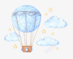 漂亮的星星卡通手绘浅蓝色的热气球高清图片