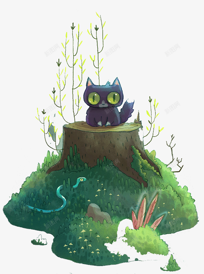 站在树桩上的小猫png免抠素材_新图网 https://ixintu.com 创意插图 小猫 插画 站在树桩上的小猫