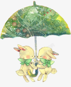 打伞的小动物梦幻森林系元素两只打伞的小兔高清图片