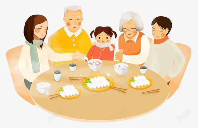 一家人png免抠素材_新图网 https://ixintu.com 人物 卡通人物 吃饭 坐在餐桌前 插画 聚餐