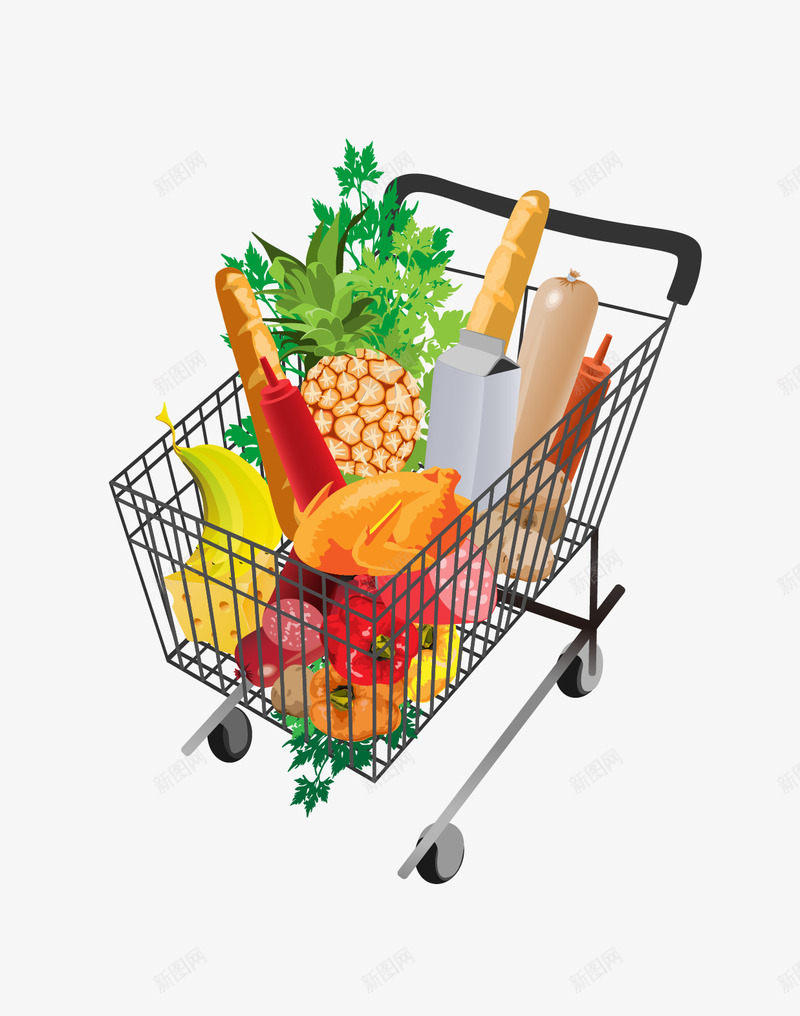 超市购物矢量图eps免抠素材_新图网 https://ixintu.com 水果 矢量购物车 菠萝 蔬菜 购物车 矢量图