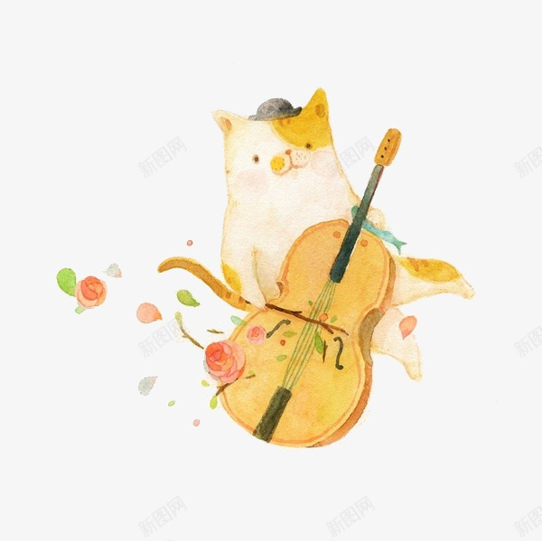 小猫与小提琴png免抠素材_新图网 https://ixintu.com 卡通 可爱 童话 音乐