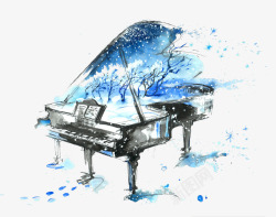 插画作品蓝色水墨艺术钢琴插画高清图片