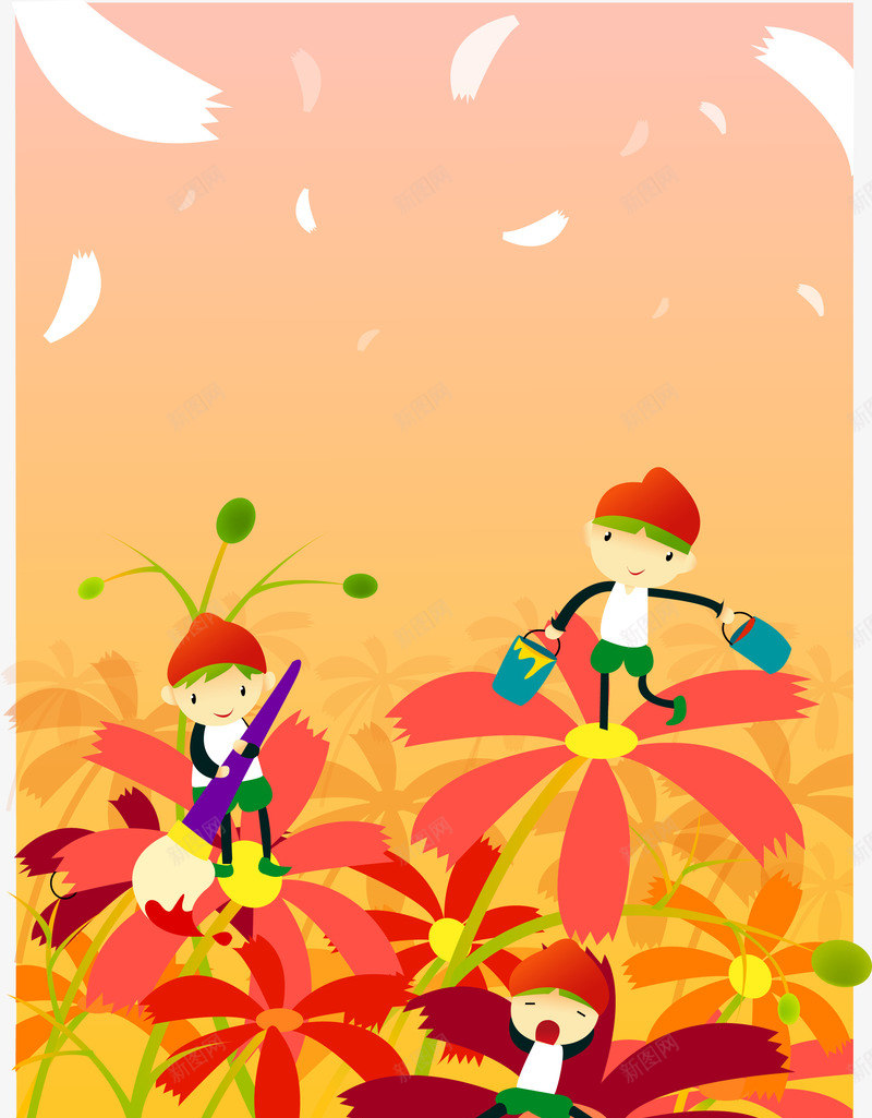 踩在花瓣上画画的儿童png免抠素材_新图网 https://ixintu.com 卡通手绘 幻想 梦幻 油漆 画画 童话世界 花朵