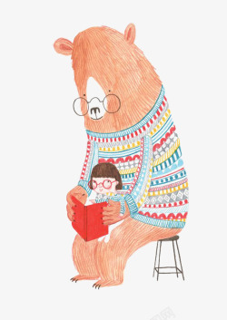 大学生沟通交流插画看书的熊和女孩高清图片