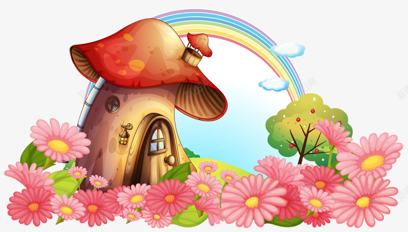 蘑菇小房子png免抠素材_新图网 https://ixintu.com 卡通 彩虹 花朵 鲜花