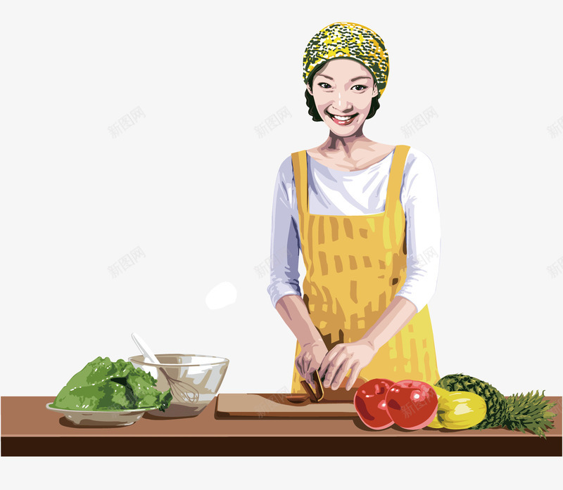正在做饭的女生png免抠素材_新图网 https://ixintu.com 绿色 美丽的女生 菠萝 蔬菜水果 黄围裙