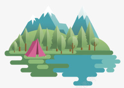 山脉插图扁平插图山脉绿树与湖水高清图片