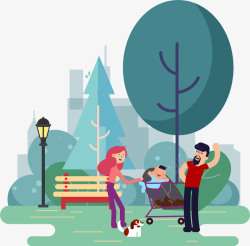 三口之家插画创意一家三口公园散步插画矢量图高清图片