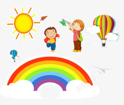 七色热气球跑向彩虹的男孩高清图片