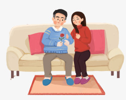 居家插图手绘人物插画坐在沙发上的情侣插高清图片