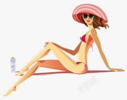 沙滩阳光浴的女郎海边度假美女插画高清图片