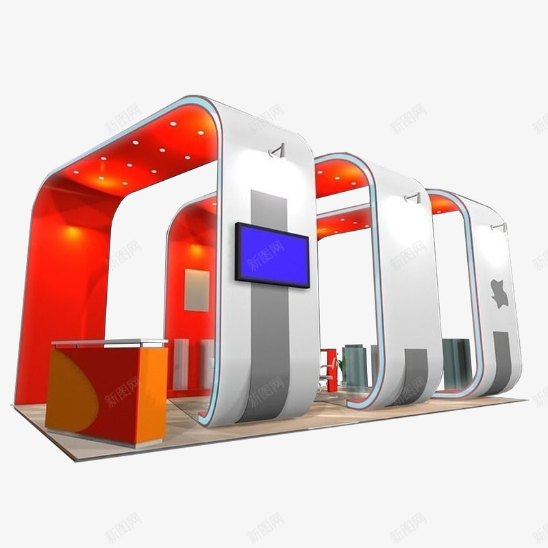 现代科技3D展厅png免抠素材_新图网 https://ixintu.com 3D展厅 展台搭建 异形空间 现代科技 简约时尚 红白色调