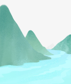 远山河流手绘水彩插图端午节风景远山插画高清图片