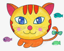 儿童画小鱼手绘儿童画之猫咪与小鱼高清图片