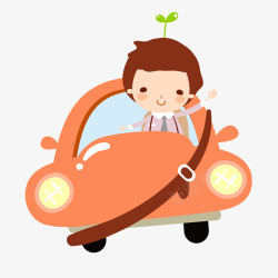 橙色的小汽车可爱手绘人物开车插画高清图片