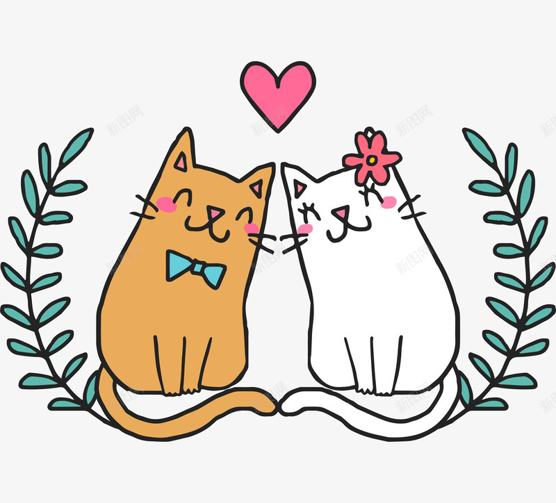 两只可爱的小猫咪png免抠素材_新图网 https://ixintu.com 动漫动画 卡通手绘 小猫咪 植物 爱心 装饰图