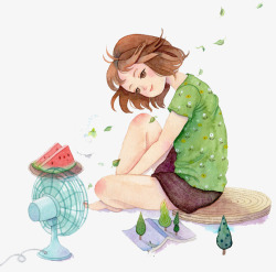 夏日吃西瓜吹风扇吃西瓜惬意生活插画高清图片