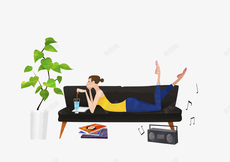 手绘在沙发上听音乐的女孩png免抠素材_新图网 https://ixintu.com 休息 减压 听音乐 女孩 娱乐 放松 植物 沙发