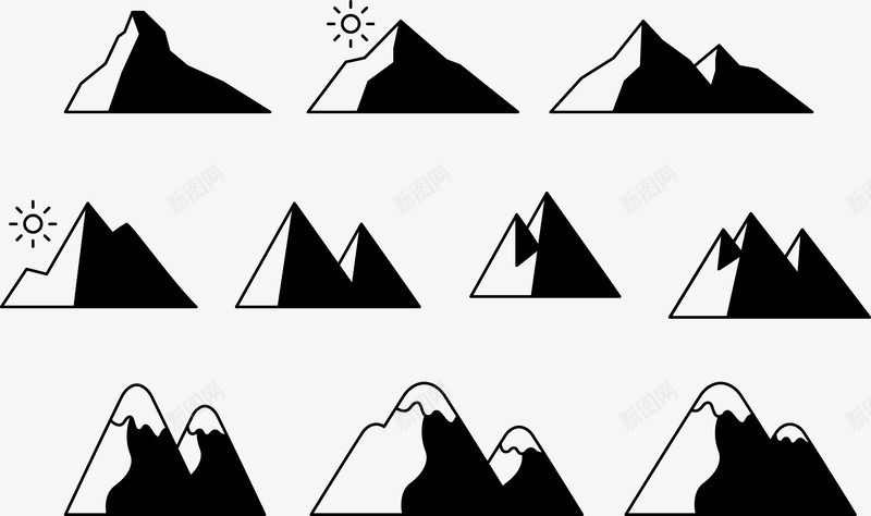 大山风景集合矢量图eps免抠素材_新图网 https://ixintu.com 创意 大山 太阳 矢量PNG 集合 颜色 风景 矢量图