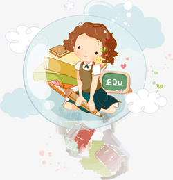 卡通坐姿在气泡里面学习的女生高清图片