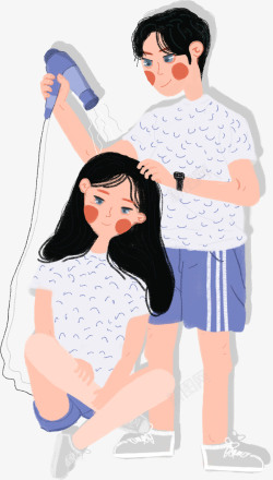 吹头发PNG唯美给女朋友吹头发场景人物插画高清图片