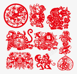 圆圈猴子摘桃窗花剪纸高清图片