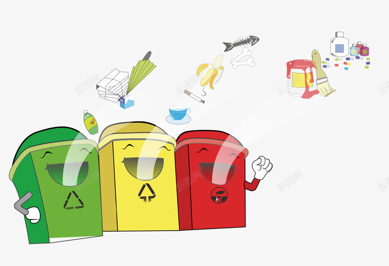 卡通垃圾入回收箱png免抠素材_新图网 https://ixintu.com 卡通 回收箱 垃圾 环保 笑脸 红色 绿色 黄色