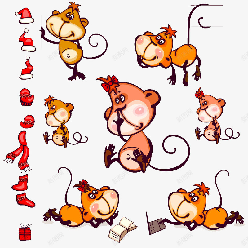 手绘猴子png免抠素材_新图网 https://ixintu.com 动物 卡通 可爱 合集 圣诞 圣诞帽 圣诞节 手绘 抠鼻的猴子 未经 猴子 玩电脑的猴子 看书的猴子 红色 麦子