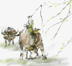 手绘装饰放牛的孩子插画素材