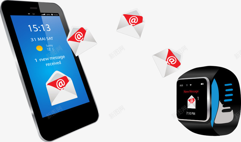 手机手表传邮件png免抠素材_新图网 https://ixintu.com 卡通手机 卡通手表 手机 手表 矢量手机 矢量手表 邮件