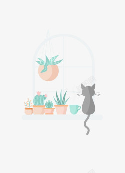 扁平化盆栽卡通猫咪高清图片