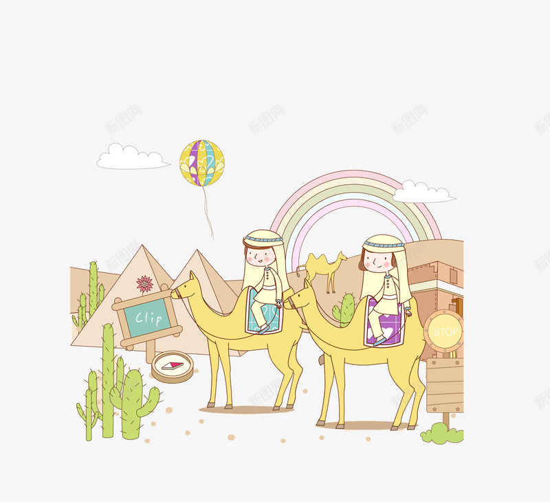 骑骆驼的女孩png免抠素材_新图网 https://ixintu.com 仙人掌 动物 卡通手绘 彩虹 水彩女孩 沙漠 骆驼