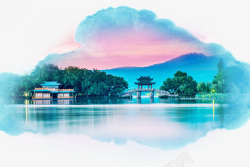 山水水彩画杭州美景水彩画高清图片