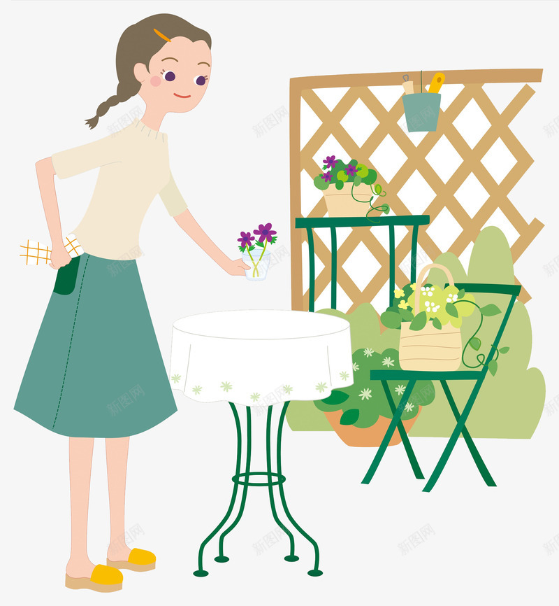 漂亮的女孩png免抠素材_新图网 https://ixintu.com 卡通 吊篮 女人 桌子 椅子 漂亮的 花卉 花盆