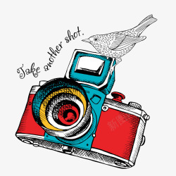 拍摄小鸟红色手绘科技相机元素矢量图高清图片