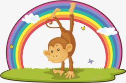 彩虹尾巴倒立在草地上的猴子高清图片