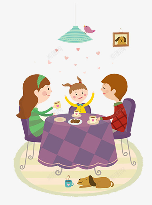 一家人吃饭插画png免抠素材_新图网 https://ixintu.com 坐在餐桌前 女儿 妈妈 桌子 椅子 爸爸 电灯