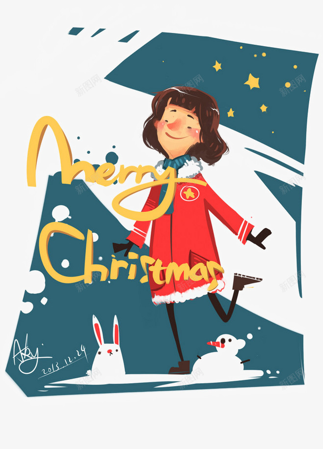 手绘圣诞节元素png免抠素材_新图网 https://ixintu.com 下雪 冬天 卡片 圣诞节 小女孩 手绘