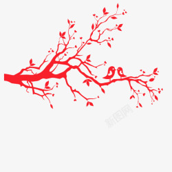 手绘树枝红色树枝鸟情人节素材