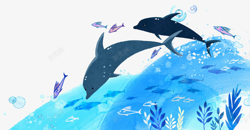 蓝色渐变海洋海豚元素png免抠素材_新图网 https://ixintu.com 卡通插画 圆弧 水草 海洋 渐变 生物 纹理 蓝色