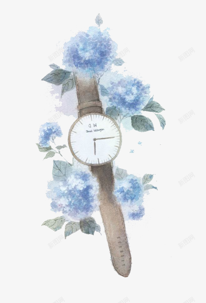 水彩手表png免抠素材_新图网 https://ixintu.com 卡通 手绘 手表 水彩 绿叶 蓝色 装饰 鲜花