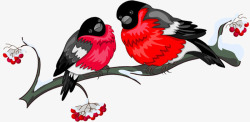 水墨画枝条上的鸟红色七夕情人节素材