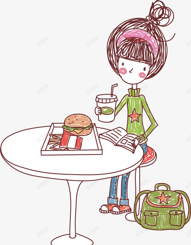 吃汉堡喝饮料的女孩矢量图ai免抠素材_新图网 https://ixintu.com 卡通人物 吃东西的人 插画 水彩 薯条 矢量图